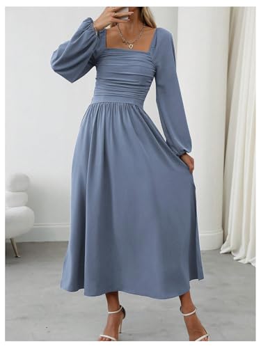 Floerns Women's Square Neck Lantern Long Sleeve Dress Split Ruched Party Midi Dresses