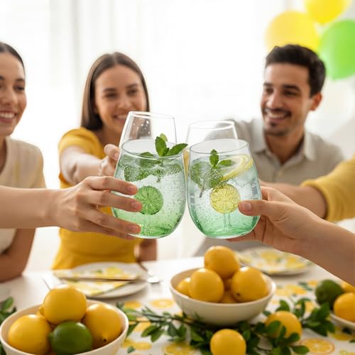 Remerry 2 Pcs Lemon Wine Glasses 12oz Yellow Lemon Slice Stemless Wine Glasses with 3D Lime Slice Figurines Inside Icon Gl...