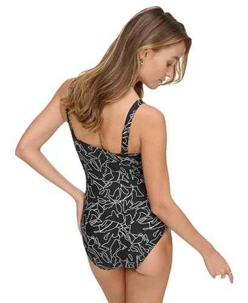 DKNY Women's Over The Shoulder One Piece Swimwuit with Tummy Control, Black/White Multi, X-Small