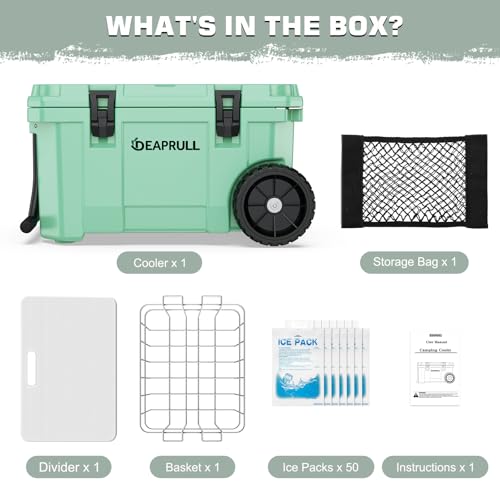 55 Quart Cooler with Wheels, Ice Chests Portable Camping Cooler Holds Ice up to 6 Days, Leak-Proof Outdoor Insulated Coole...