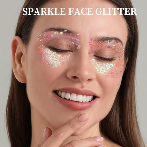 FANDAMEI Face Glitter, 2 PCS Face Glitter Gel 18 Grids, Body Hair Glitter for Kids Women for Makeup, Halloween Rave Concer...