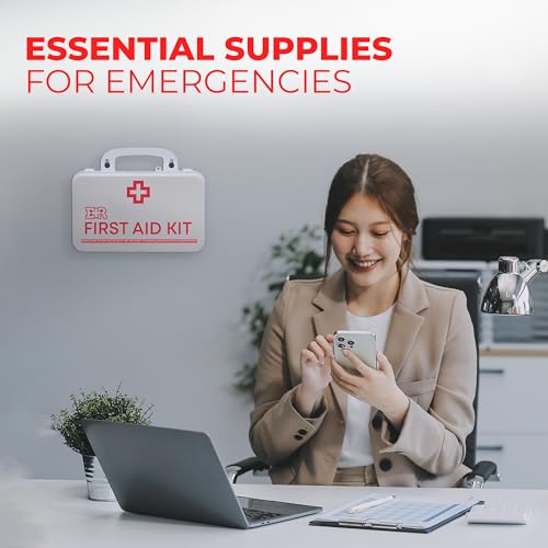 Class B OSHA ANSI Compliant First Aid Kit – Emergency Medical Supplies in Wall-Mountable Plastic Case for Workplace, Offic...