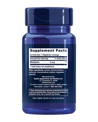 Life Extension Melatonin, 3 mg, Optimal Sleep Support, Healthy circadian Rhythms, Cellular Defense, Gluten-Free, Non-GMO, Vegetarian, 60 chewable lozenges