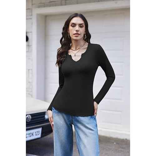 Ekouaer Womens 3 Pack Long Sleeve Shirts V-Neck Slim Fit Going Out Thermal Undershirts Ribbed Y2K Tops XS-XXL
