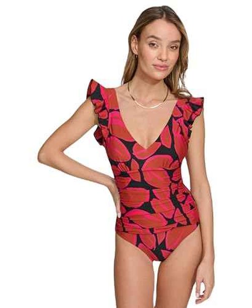 DKNY Women's Ruffle Shoulder V-Neck One Piece Swimsuit with Tummy Control, Retro, Large