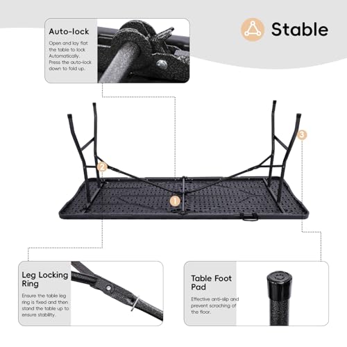 pollilar Folding Table 6FT HDPE 6 Foot Foldable Table Portable Banquet Surface Fold-in-Half Desk Utility for Working Meeti...