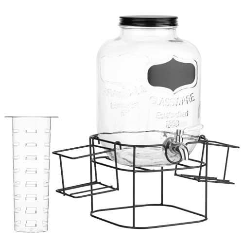 Navaris Glass Jar Drink Dispenser with Tap - Includes Black Metal Stand with Cup Storage - For Cocktail Drinks, Lemonade, ...