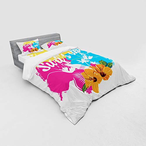 Ambesonne Beach Saying Bedding Set, Tropical Hawaiian Hibiscus Flower Bouquet and Surf up Phrase with Paddle Board, 4 Piec...
