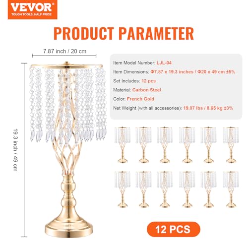 VEVOR Metal Wedding Centerpiece Gold,Crystal,12PCS 49cm/19.3”