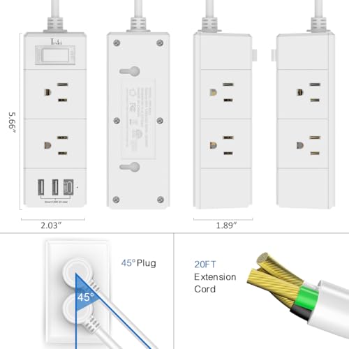 20Ft Extension Cord Flat Plug Power Strip - Tcstei 3-Side Outlet Extender with 6 AC Outlets and 3 USB Ports (1 USB C), Com...