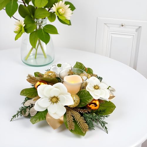 18" Centerpiece with Flameless LED Candle Holder, Design with White Artificial Magnolia, Gold Baubles & Spruce Branches fo...