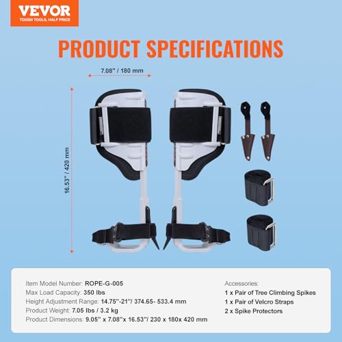 VEVOR Tree Climbing Spikes, 1 Pair Height-Adjustable Climbing Spurs, 350lbs Load Capacity Tree Climbing Gear with Straps, ...