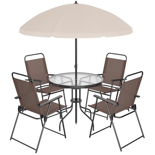 Shintenchi 6 Piece Patio Dining Set with Umbrella, Outdoor Furniture Set with 4 Folding Chairs and Tempered Glass Top Dini...