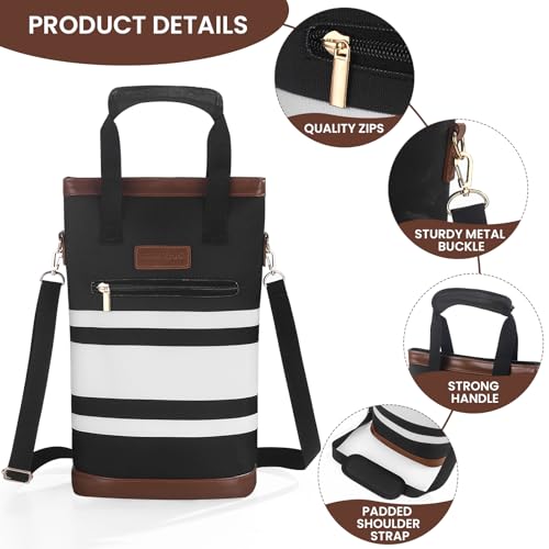 BLUBYEES 2-Bottle Insulated Wine Carrier Tote - Leakproof Padded 900D Oxford Cooler Bag for Travel, Picnics, Beach & Parties