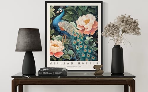 Peacock Art Print Poster, William Morris Style Retro Floral Mid Century Botanical Victorian Dark Academia Flower Decor Gallery 148 (Peacock, 18 x 24 inches, Unframed)