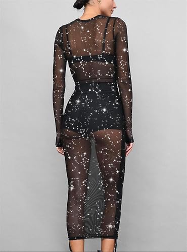 Womens Mesh Dress Ruched Glitter Long Sleeve Bodycon Sexy See Through Clubwear Rave Outfits