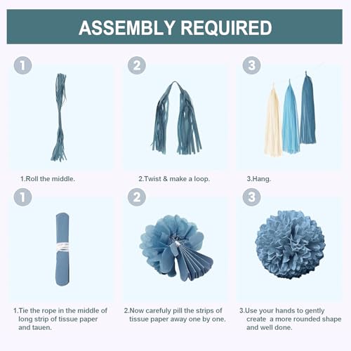 Dusty Blue Party Decorations with Blue Sand Gold Balloons, Happy Birthday Banner, Paper Pompoms, Star Banner for Boys Kids...