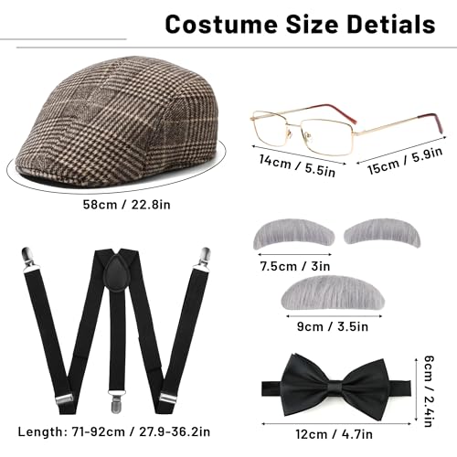 FEYIR Old Man Costume Accessories Set Old Man Wig Hat Cane Faux Eyebrows Mustache Suspenders Bow Tie for Grandpa Halloween...