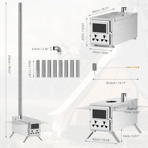 Upgraded Wood Stove, Hot Tent Stove Camping Portable Stainless Steel Wood Burning Stove with 7 Chimney Pipes for Wall Tent...