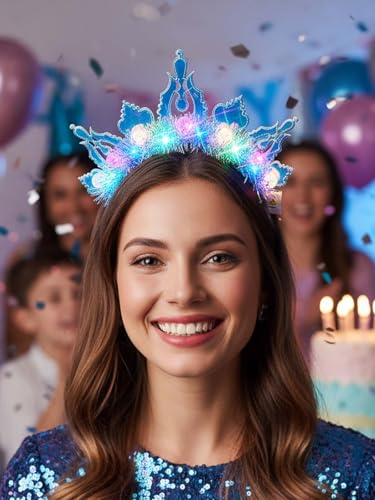 Lorealri Light Up Star Crown Headband, Blue and Silver Glitter Stars, LED Rave Party Costume Headwear Accessory for Women