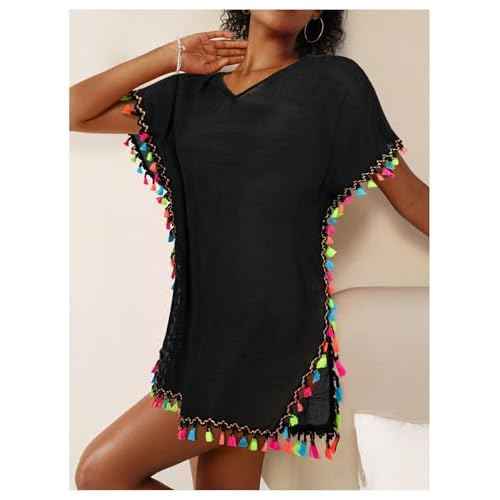 MakeMeChic Women's Swimsuit Cover Up Tassel Short Sleeve Bathing Suit Beach Coverups