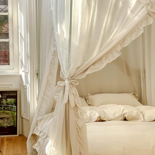Mengersi Canopy Bed Curtains,Linen Bed Canopy Curtains 4 Corner Bed Drapes Canopy Curtains for Bedroom Decor (Ivory,Full)