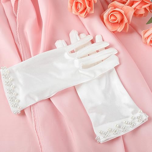 Trinkrittey White Satin Gloves - Women's Pearl Wedding & Tea Party Gloves for 1920s Fashion