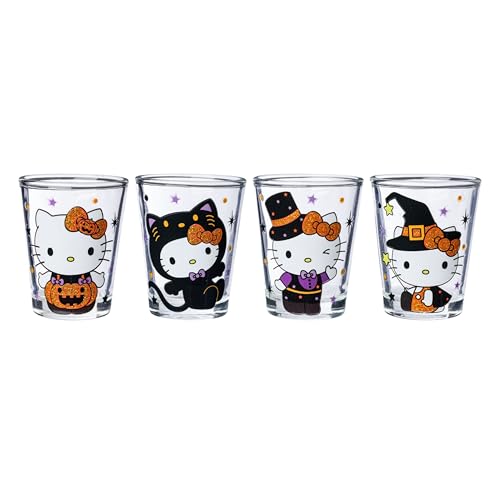 Silver Buffalo Sanrio Hello Kitty Halloween Spooky Costumes Glitter 4 Pack Mini Glass Set, 1.5 Ounces