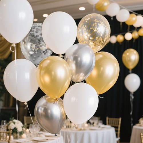 Gender Reveal 60 Pcs Balloons for Birthday Party,12 Inch Gold and Silver Latex Metallic Balloons 12 Inch Gold and Silver C...