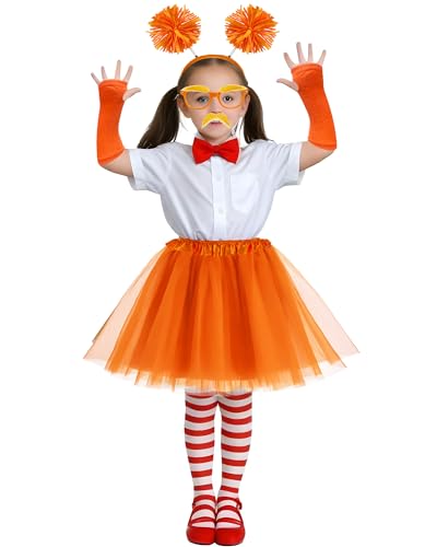 QLINLEAF Orange and Yellowe Tutu Costume Pom Pom Headband Mustache and Eyebrows Orange Furry Character Costume Set for Hal...