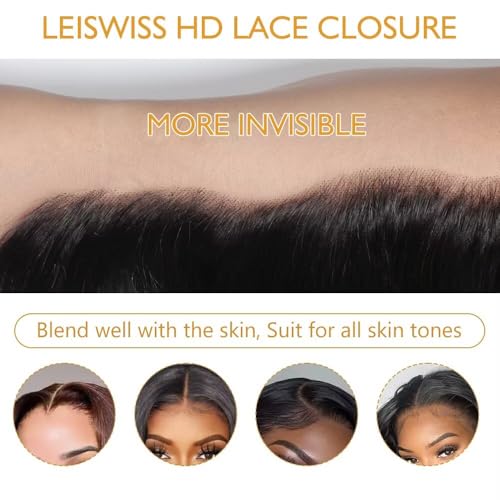 5x5 HD Lace Closure Body Wave With Raw Human Hair HD Lace 0.10 mm Invisible Ultra-Thin HD Lace Single Knot Pre-Plucked Brazilian Raw Human Hair Nature Black 18 Inch
