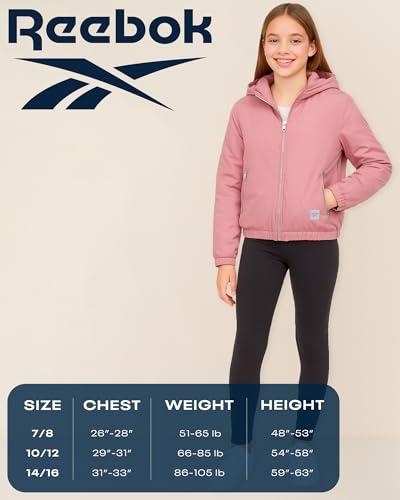 Reebok Girls Windbreaker Jacket - Lightweight Wind and Water Resistant Insulated Girls Jacket with Storm Cuff Sleeves & Hood