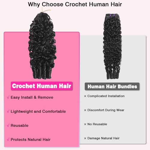 Beauty Queen 3C4A Burmese Curly Human Crochet Hair 18inch 60g Knotless Pre-Separated Feather Crochet Real Human Hair Lightweight Reusable Remy Hair Extensions for Women Natural Black Color
