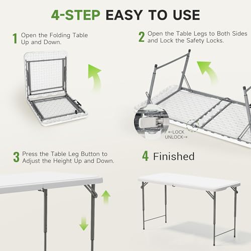 Ortus Collective Folding Table 4 Foot - 3-Position Adjustable Height, Heavy Duty 400 lbs Capacity - Portable Tables Foldin...