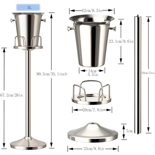 Ice Bucket with Stand Standing Champagne bucket for Party Stainless Steel Wine Bucket Wine Cooler with Stand 5L Wine Chill...