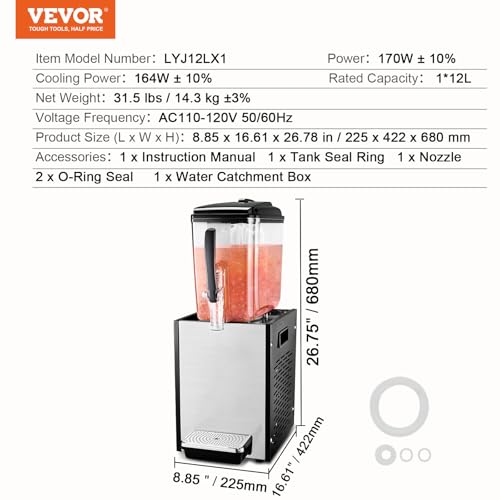 VEVOR Commercial Beverage Dispenser, 12 L / 12.7 QT Juice Dispenser, 170W 304 Stainless Steel Food Grade Ice Tea Drink Mac...