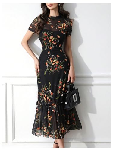 Verdusa Women's Floral Ruffle Mesh Slimming Dress Vintage Elegant Wedding Guest Dress