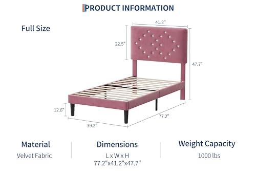 GarveeHome Twin Bed Frames with Button Tufted Headboard, Linen Upholstered Platform Bed with Wooden Slats Support, Velvet Princess Bed Frame, Easy Assembly, No Box Spring Required