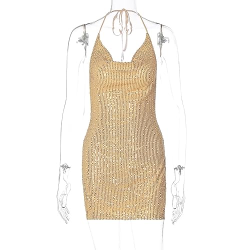 Women's Sequin Halter Bodycon Mini Dress Split Hem Backless Cowl Neck Sexy Short Dress Open Back Cocktail Party Dresses