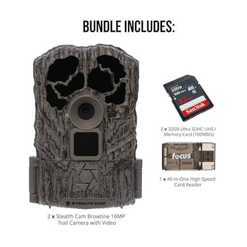 Stealth Cam Browtine 16MP, Durable, 60 Feet Infrared Detection Range, and Burst Mode Trail Camera (2-Pack) Bundle with USB 2.0 Card Reader, and Two 32GB Ultra SDHC UHS-I Memory Card (5 Items)