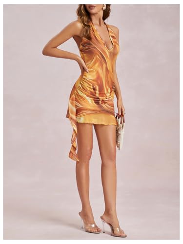 Milumia Women's Sexy Open Back Halter Dress Low Cut Ruffle Hem Mini Dresses