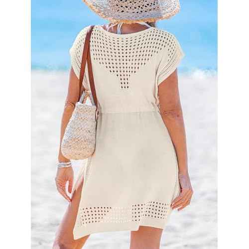 CUPSHE Women Crochet Swim Coverups Short Sleeve Drawstring Beach Coverups Dress