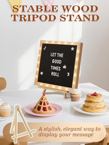 Changeable Felt Letter Board with LED Lights - 10×10" Message Custom Signs & Wood Stand & 450 Letters, Poster Board for Va...