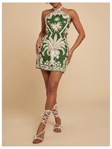 MakeMeChic Women's Boho Mini Dress Summer Beach Vacation Halter Dresses Floral Sundress
