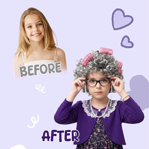 ENBOFID Old Lady Costume for Girls 100th Day of School Costume Grandma Granny Dress with Wig for Kids