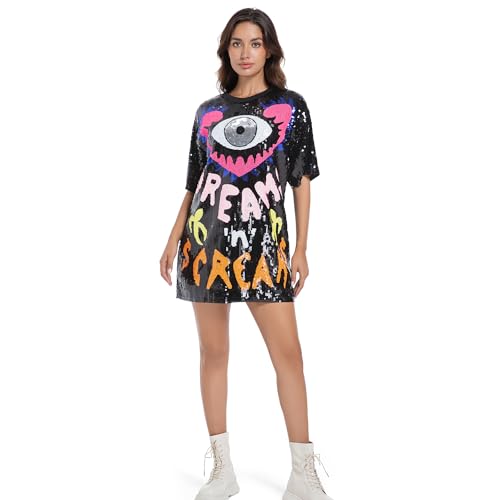Sequins T-Shirts Glitter Dress O Neck Printed Mini Dress Loose Casual Nightclub Party Tops for Women