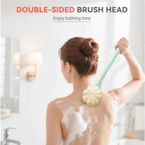 Back Scrubber for Shower, 15.7" Loofah with Handle, Back Shower Brush with Bristles and Loofah, Dry Brushing Body Brush for Cleanse Back and Hard to Reach Areas with Curved Long Handle