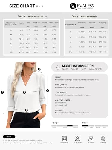 EVALESS Women's 3/4 Sleeve Tops Dressy Casual Pleated V Neck Business Work Blouses Office Shirts