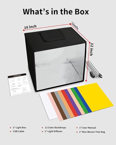 Glendan Portable Light Box Photography: 16"x12" Folding Photo Box with CRI >95 Dimmable 112 LEDs Lights - 12 Color Backdro...