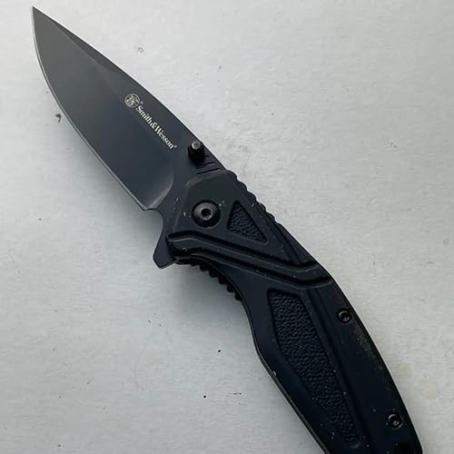 Smith & Wesson SW1101 6.89in Stainless Steel Folding Knife with 3in Drop Point Blade and Rubberized Handle for Outdoor, Ta...